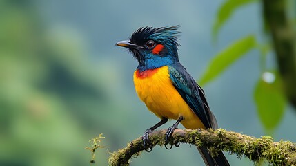 Fototapeta premium A vibrant blue, yellow, and red bird perches on a branch in a lush green forest.