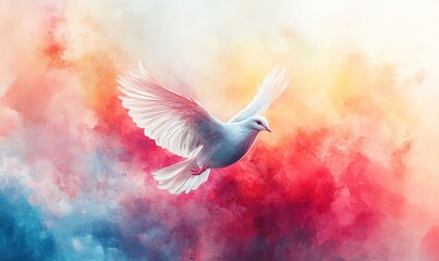 Holy Spirit. Dove on abstract colorful watercolor background. Digital art painting. Illustration, Generative AI