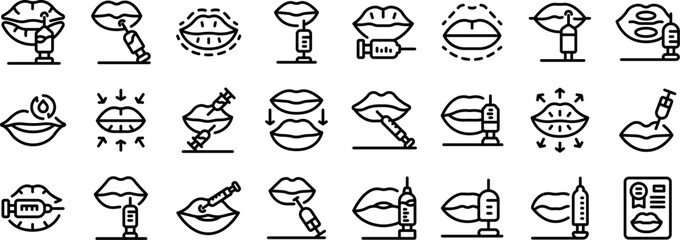 Lip injections icons set. This icon set representing lip augmentation surgery includes various methods of injecting hyaluronic acid for lip enhancement