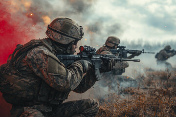 Fototapeta premium Soldiers train with rifles in a smoky setting