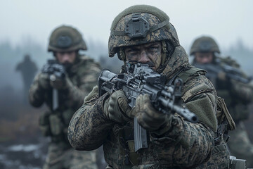 Obraz premium Tactical soldiers move through foggy training terrain