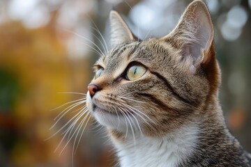 Obraz premium Curious tabby cat looking up with attention in nature