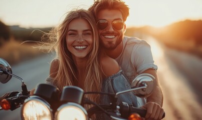 Beautiful young couple riding motorbike, Generative AI
