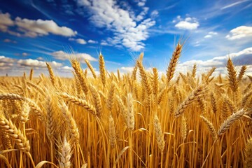 Fototapeta premium Low angle view of golden wheat field under blue sky