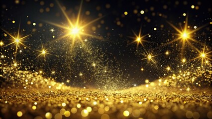 Obraz premium Low angle view of gold sparkling star dust on black background, shiny background with gold glittering dust