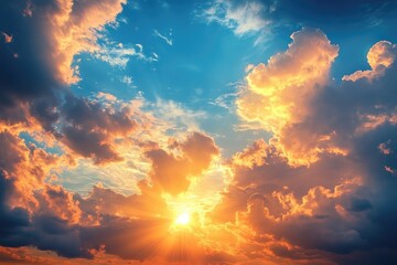 Fototapeta premium The sun shining through dramatic clouds during a colorful sunset