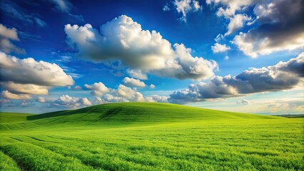 Fototapeta premium Low angle view of green ecological field hill blue sky white clouds