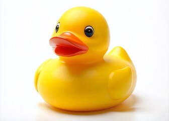 High-Resolution Aerial Shot of a Bright Yellow Rubber Duck on White Background for Stock Photography