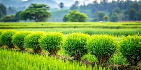 Low angle view of green shrubs and grass growing around rice fields