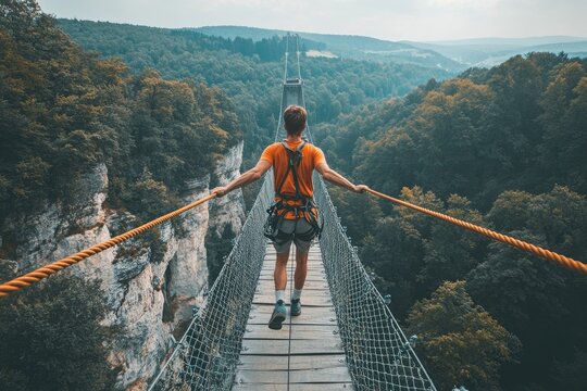 Fototapeta Young adventurer walking on a rope bridge over a forest