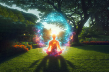 A man in the forest, unity with nature, environmental protection, harmony of body and soul, aura