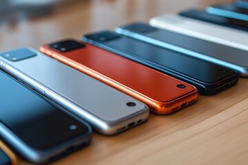 Many smartphones lying on wooden table are being compared for tech review