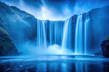 Fototapeta premium Dripping blue waterfalls against a misty background, blue hues, dripping water, foggy atmosphere