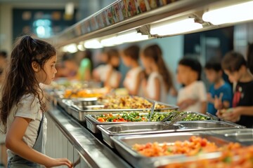 Little girl choosing food from variety of dishes in school canteen