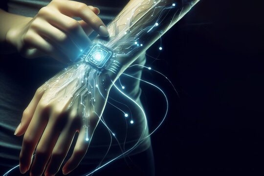 Hand with chip compenent. Embedding the chip under human skin, microcontroller implanting NFC technology