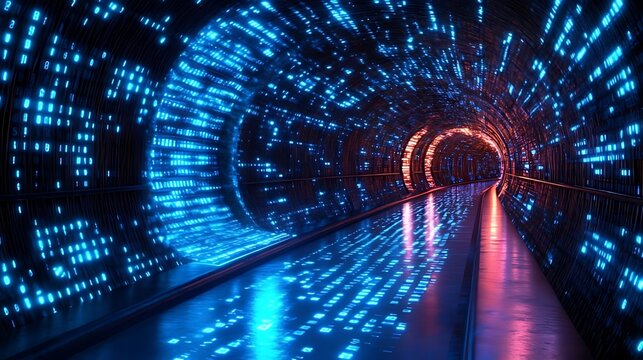 An abstract tunnel of binary code glowing with blue and orange light.