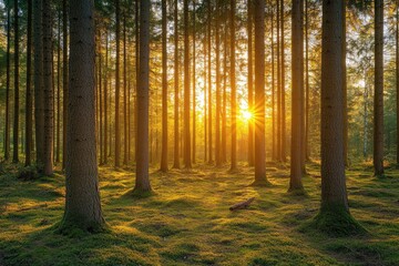 Obraz premium Golden sunlight shining through trees in magical forest at sunset