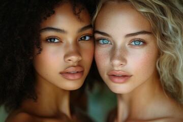 Two young women with different skin tones looking at the camera while standing together, Generative AI