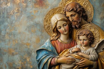 Holy family statue depicting virgin mary holding baby jesus and saint joseph © Gatherina