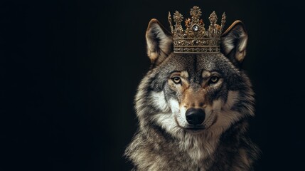 Fototapeta premium Portrait of a wolf wearing a crown, velvet studio backdrop, luxurious, soft lighting, professional photography, copy space, alpha, pack leader, wilderness, royalty 