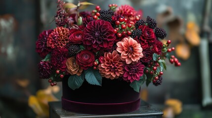 Elegant autumn floral arrangement with burgundy dahlias and berries © Yulia