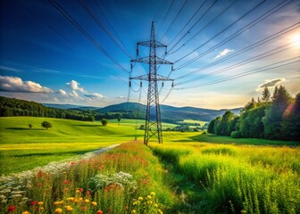 High Voltage Power Pole in Green Field - Nature and Energy Connection