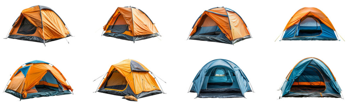 Various camping tents displayed in different angles and styles. Set of png on transparent background
