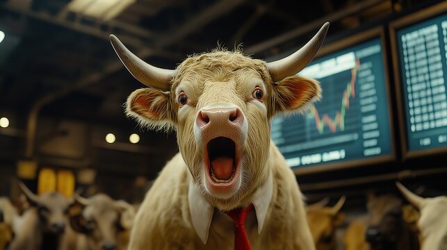 Bull in a business suit with red tie observing stock market trends in office