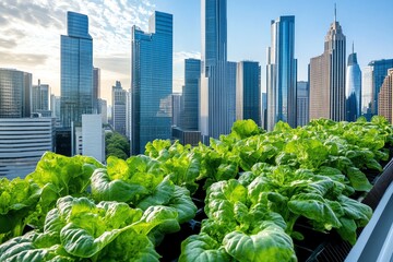 A vibrant rooftop garden with lush lettuce contrasting against a city skyline, symbolizing urban agriculture and sustainability.