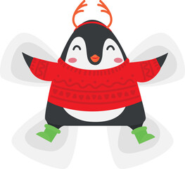 Penguin make snow angel. Winter outdoor fun