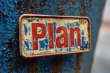 Obraz premium Detailed plan sign on a weathered blue surface in an urban environment