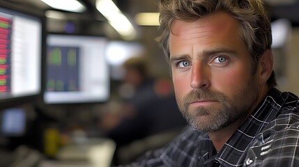 A man with a serious expression looks directly at the camera while sitting in front of a computer in an office.