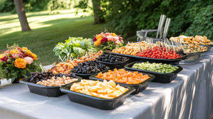 An outdoor catering buffet featuring a diverse selection of food snacks and appetizers.



