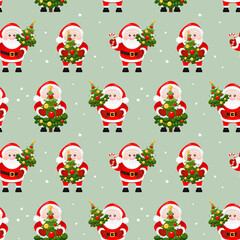 Seamless pattern with Cute Santa Claus and Christmas tree on pastel green background. Merry Christmas and happy new year. Design for print, wrapping paper, textile, fabric, wallpaper