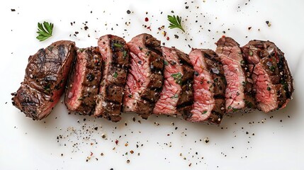 Grilled sliced beef tenderloin steak with pepper isolated on white background, top view.