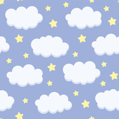 seamless pattern of clouds and stars on blue background, sleeping child pattern design