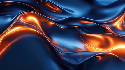 Obraz premium A deep, mysterious 3D abstract composition with fluid, metallic forms in midnight blue and warm copper. 