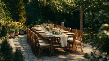 Obraz premium A rectangular wedding reception table set festively on a patio, surrounded by a garden in a natural setting.