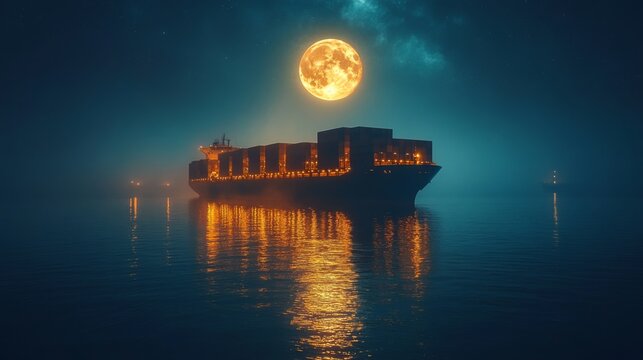 A cargo ship glides through tranquil waters during twilight, illuminated by a bright full moon. The scene conveys a peaceful maritime journey.