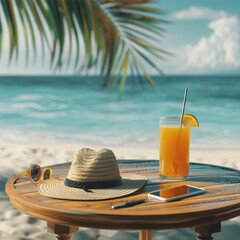 A summer view of beach with cold drink.