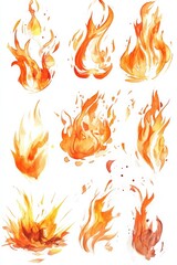 Watercolor Fire. Set of Hand-Drawn Flames in Isolated Sketch Illustration