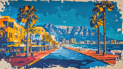 Naklejka premium Cape Town, South Africa, classic wood block print effect. Traditional printing. Graphic designed, illustration for travel poster, card, wallpaper, backdrop or banner
