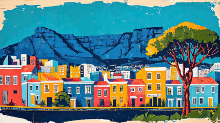 Obraz premium Cape Town, South Africa, classic wood block print effect. Traditional printing. Graphic designed, illustration for travel poster, card, wallpaper, backdrop or banner