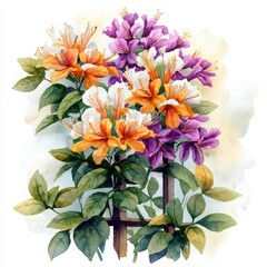 Obraz premium Colorful flowers with green leaves on a white background.