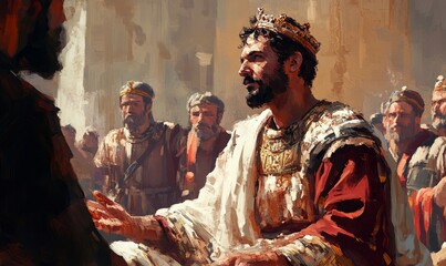 David is anointed king  1 Samuel 16. Digital illustration, Generative AI