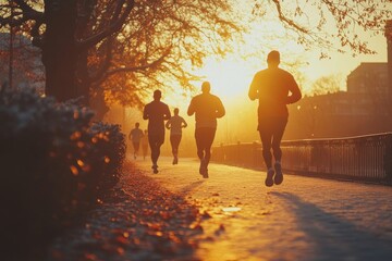 Fototapeta premium Runners training together outdoors in morning, Generative AI