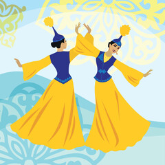 Vector illustration. Two beautiful young women dancing in Kazakh national costume on a background of ornaments and traditional Kazakh symbols. A postcard for Nauryz or Mother's Day