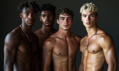Four young men standing shirtless in a studio, Generative AI