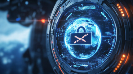 Fototapeta premium 3D rendering of a sensitive content hologram HUD featuring a crossed eye and padlock, alongside an Earth sphere with a warning sign in side view. This illustrates the concept of internet safety and po