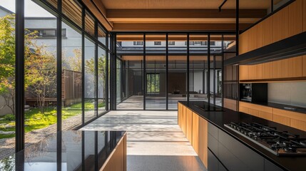 Fototapeta premium A sleek open kitchen overlooking a Japanese courtyard through a series of large